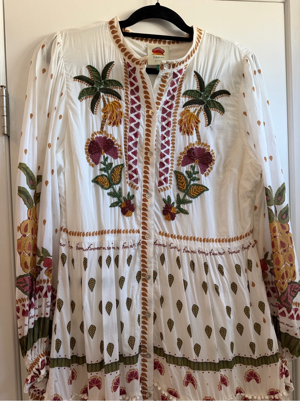 Farm Rio Bohemian Embroidered Maxi Dress - White with Multicolor Tropical Motif - Picture 4 of 5